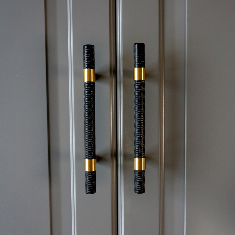 Poignée de barre en T moletée/texturée en laiton noir, boutons et poignées de porte d'armoire de cuisine, quincaillerie de meubles