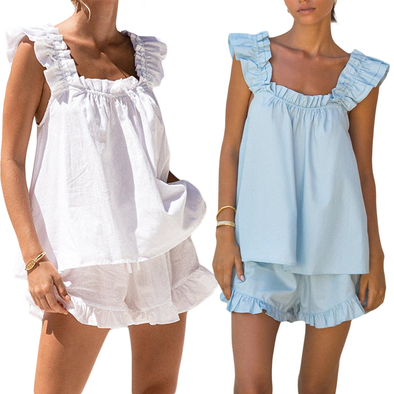 Damen Schlafanzug setzt Damen Sommer 2 Stück Schlafanzug setzt ärmellose rücken freie Schlinge Weste einfarbige Rüschen kurze Hose Streetwear y2k