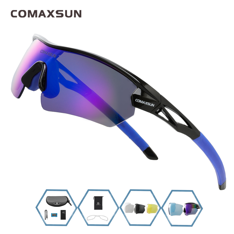 COMAXSUN Polarized Cycling Glasses Bike Goggles Outdoor Sports Bicycle Sunglasses UV 400 With 5 Lens TR90 2 Style: Style 2 BLACK BLUE