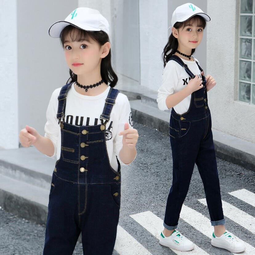 Dziewczęce ogrodniczki jeansowe na wiosnę i jesień, 3-13t spodnie na szelkach, solidne, codzienne, jeansowe, dla dziewczynek