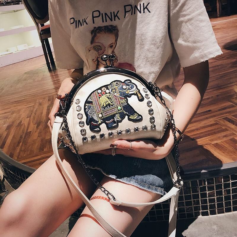 Embroidery Elephant Bag Lock Shell Bags PU Leather Chain Women Shoulder Crossbody Bag 48 pcs Insert Diamonds Women&#39;s Handbags