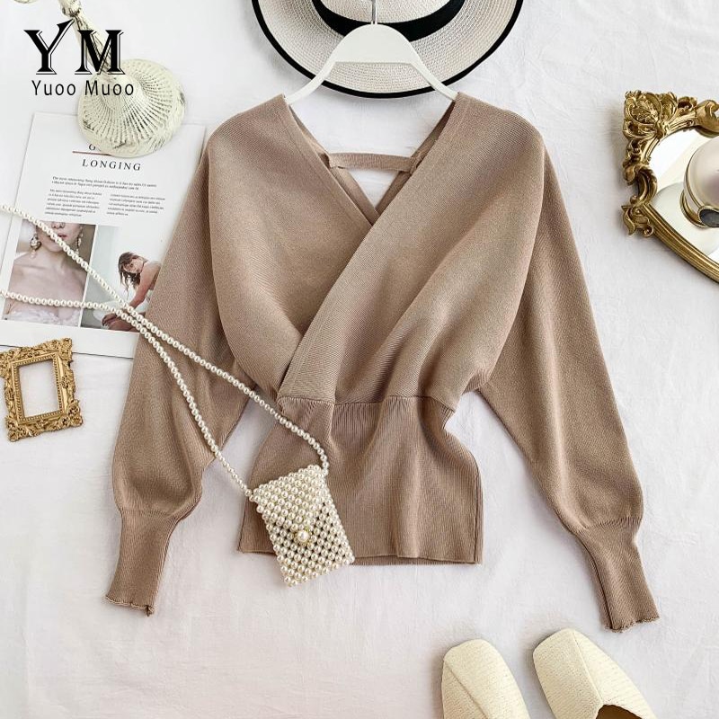 Yuoomuoo god blød sweater dame v-hals lang flagermusærme strikket pullover dame outfit sweater sweater top