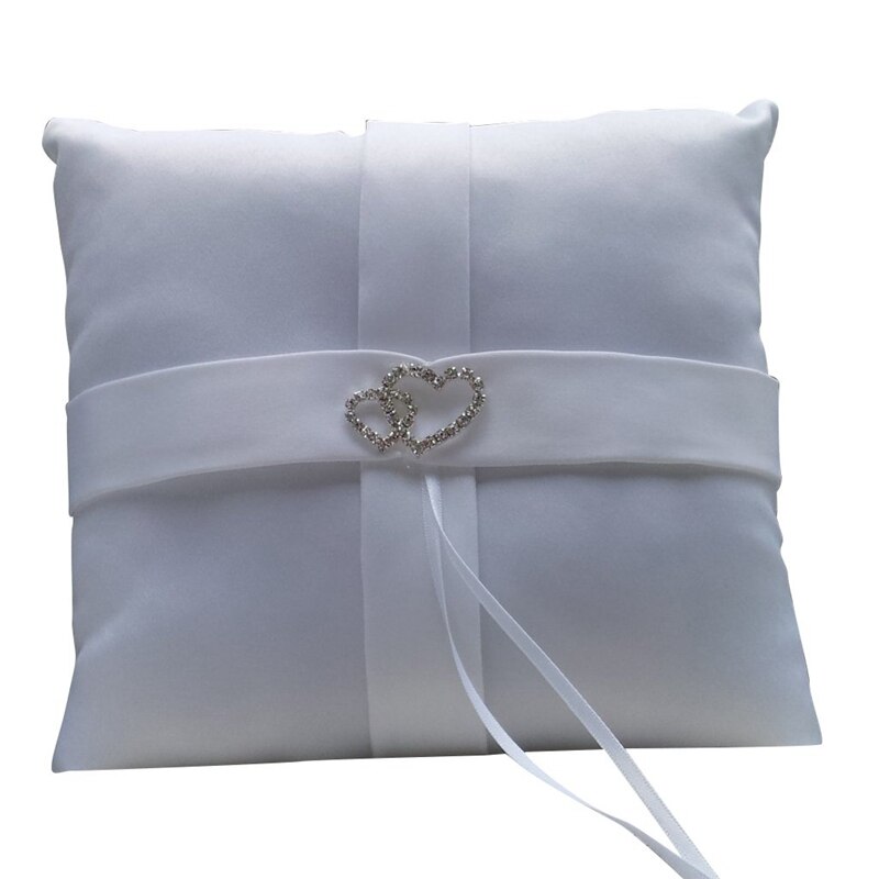 White Double Heart Diamante Ring Pillow Wedding Ring Bearer Cushion: Default Title