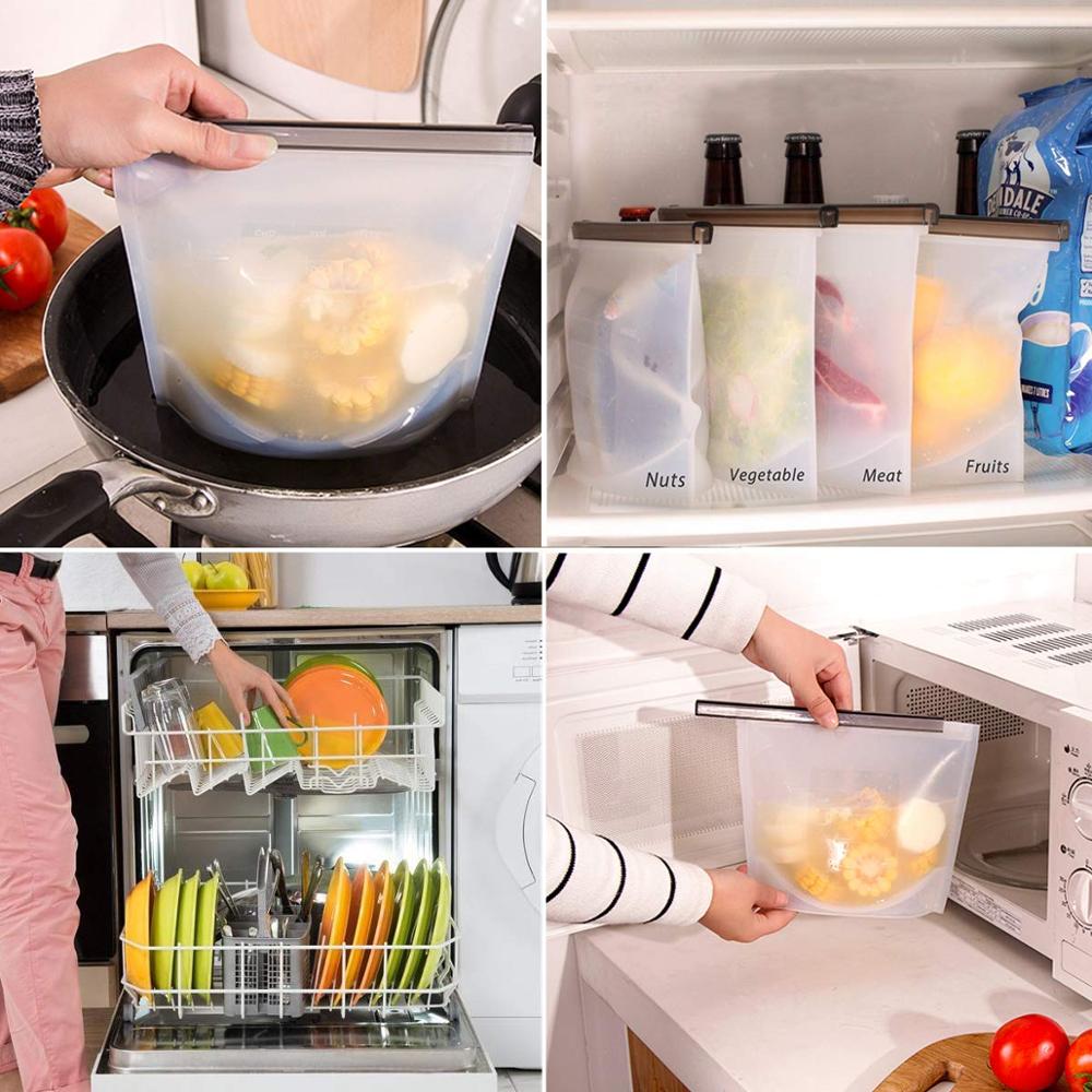 Sacs réutilisables de Silicone, sac frais de Silicone pour le liquide de casse-croûte de légumes de Fruits, micro-ondes