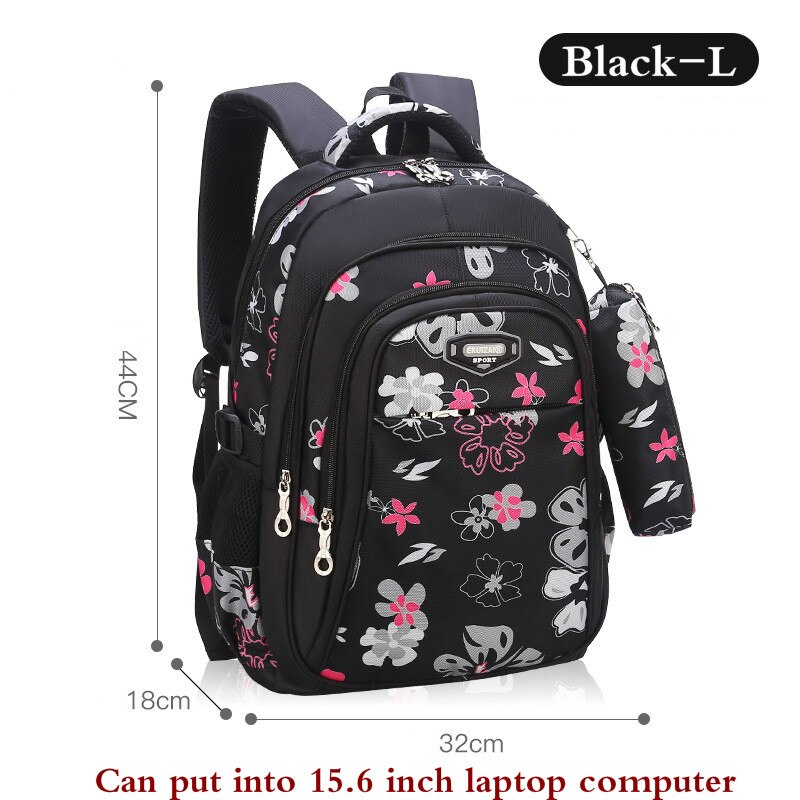 Sac à dos rouge pour filles, imprimé de fleurs, cartable pour élèves, cartable pratique, cartable pour enfants,: Black-Large