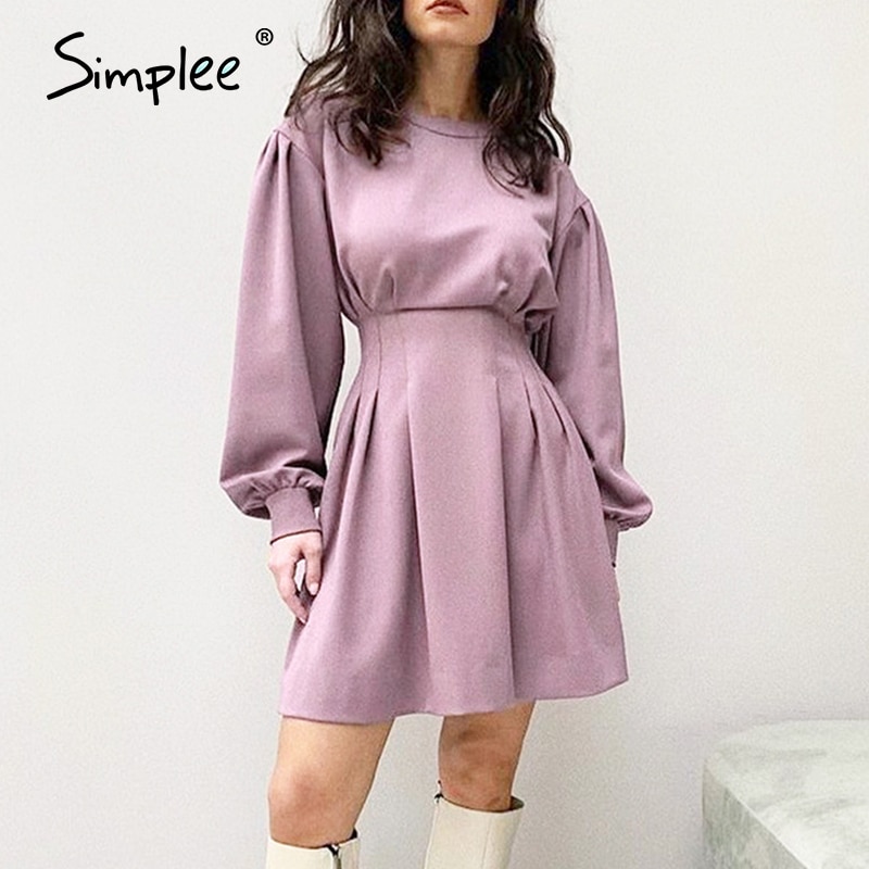 Simplee – robe courte plissée violette pour femme, vêtement féminin à manches bouffantes et à col rond, coupe ajustée, printemps