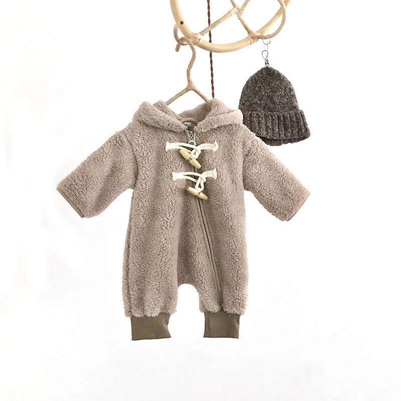 Autumn Winter Boys and Girls Regular Korean Style Cotton Kids Romper Warm, Hooded Collar, Long-Sleeved Zipper, Solid Color: Khaki / 12M