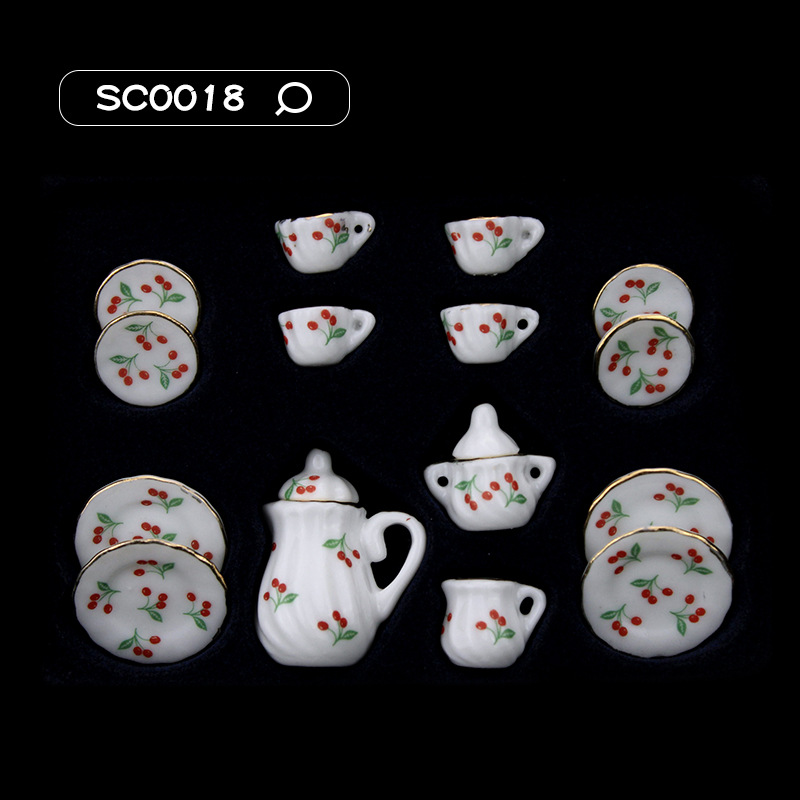 15Pcs 1/12 Dollhouse Miniature Accessories Mini Ceramics Tea Set Simulation Kettle Plate Cup Model Toys Doll House Decoration: plum