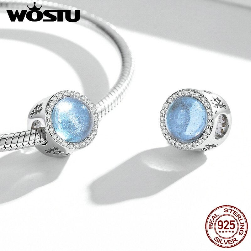 WOSTU Round Glass Opal Beads 925 Sterling Silver Rainbow Purple Blue Charms Fit Original Bracelet Necklace Jewelry Making