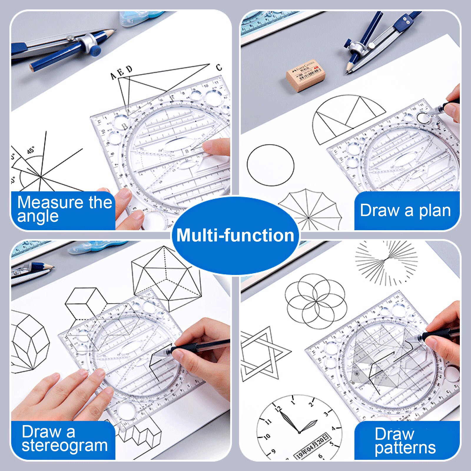 Multifunctional Fast Drawing Ruler ABS Accurate Scale Geometric Function Template Scale Transparent Compass Drawing Tool