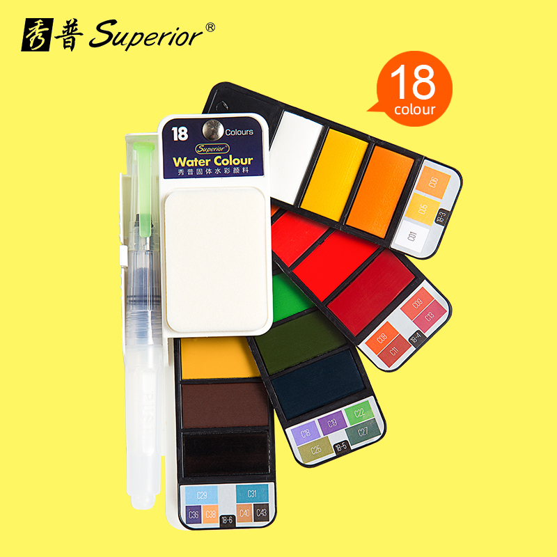 Superior 18/25/33/42 Solid Watercolor Paint Set With Water Brush Pen Foldable Travel Water Color Pigment For Draw: 18 colors