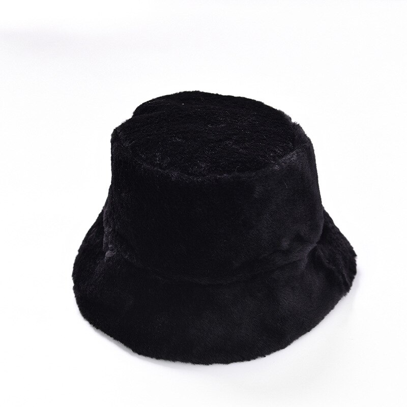 Wo1 pc imiteret pels vinter varm fiskerhue til kvinder ensfarvet feriehætte fortykket blød spand hat ankomst: Sort
