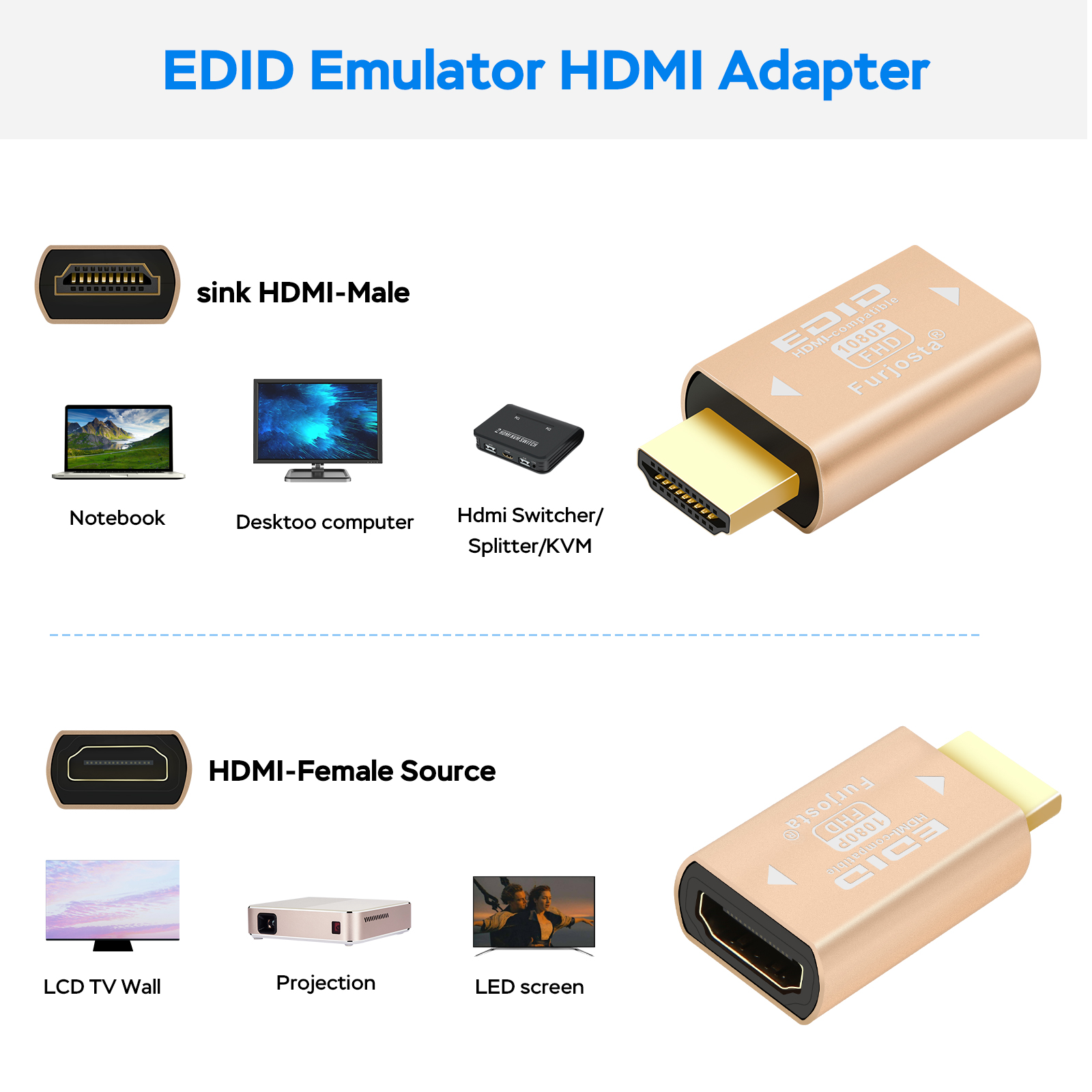 Emulador hdmi edid 1080 de aluminio ultrafino compatible con Headlesskeep, interruptores y extensores activos del monitor 1920x1080 @ 59Hz