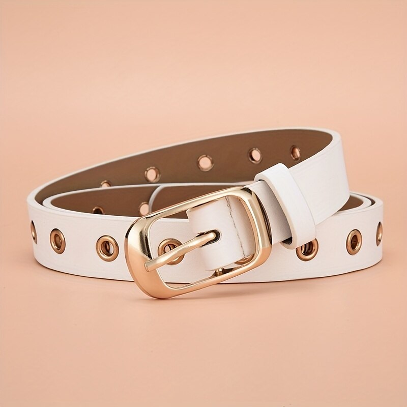 1pc Cintura da donna nuova Cintura con occhielli in metallo alla moda Cintura in pelle PU cava senza punzonatura abbinata a cintura jeans per uomo e donna: bianca
