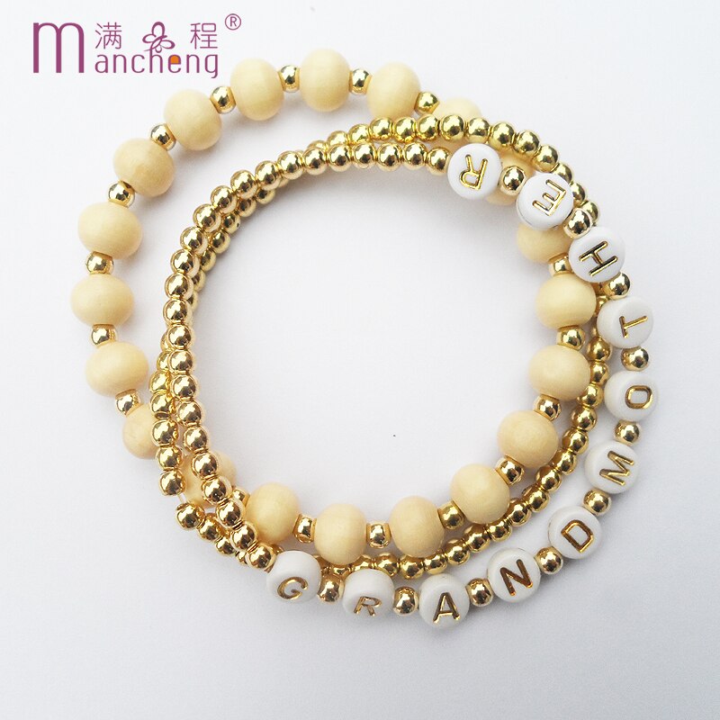 Natural Round Wooden Beads Bracelet Charm Letter ID stand " Grandmother ” Bracelets Rope chain Female Adult woman Jewelry
