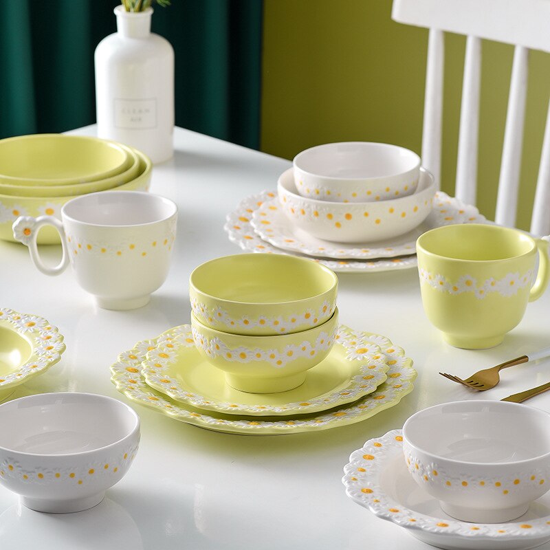 Ceramic Tableware Dishes And Plates Sets Small Daisy Underglaze Home Dinner Food Salad Bowl Western Cup Dessert Steak Tray Plate
