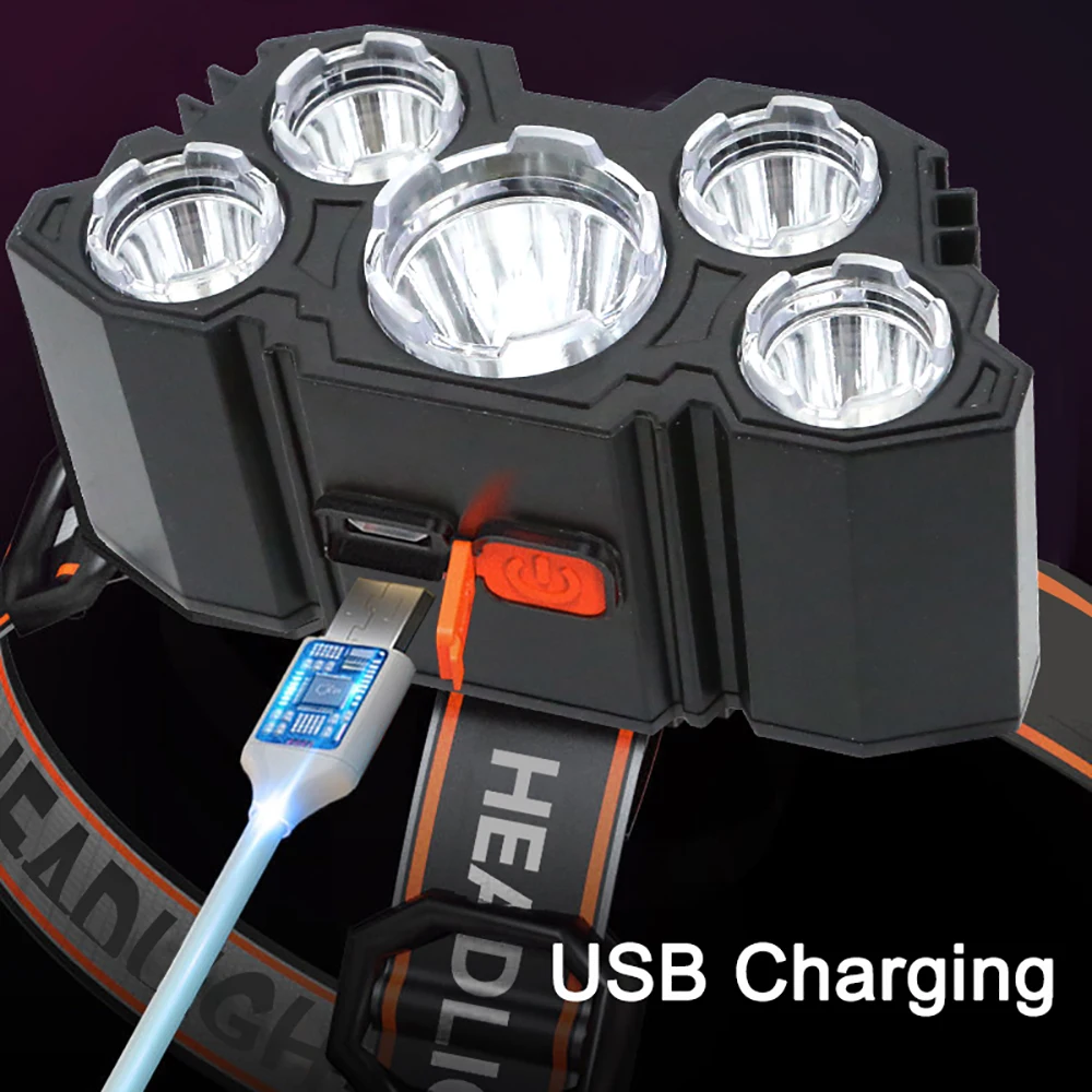 5 LED taschenlampe wiederauf ladbar mit eingebautem 18650 batterie Stark licht Camping abenteuer angeln kopf licht scheinwerfer