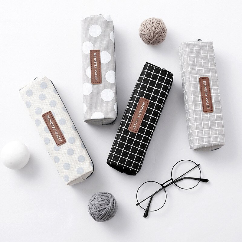 Cute Canvas Pencil Case High Capacity Lattice Stripe Square Pen Pencils Bags For Girls School Supplies Box Pouch Stationery