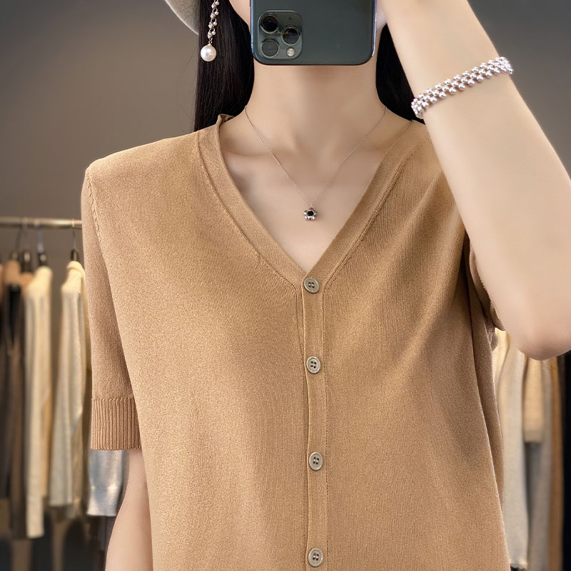 Lente En Zomer Nieuw Ijs Zijde Vest Korte Mouw V-Hals Joker Losse Dunne T-Shirt Trui Bottom Shirt Top