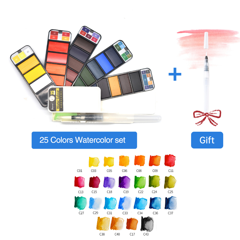 8/25/33/42 Solide Aquarel Verf Set Met Water Borstel Pen Opvouwbare Reizen Water Kleur Pigment Voor Draw: 25colors set