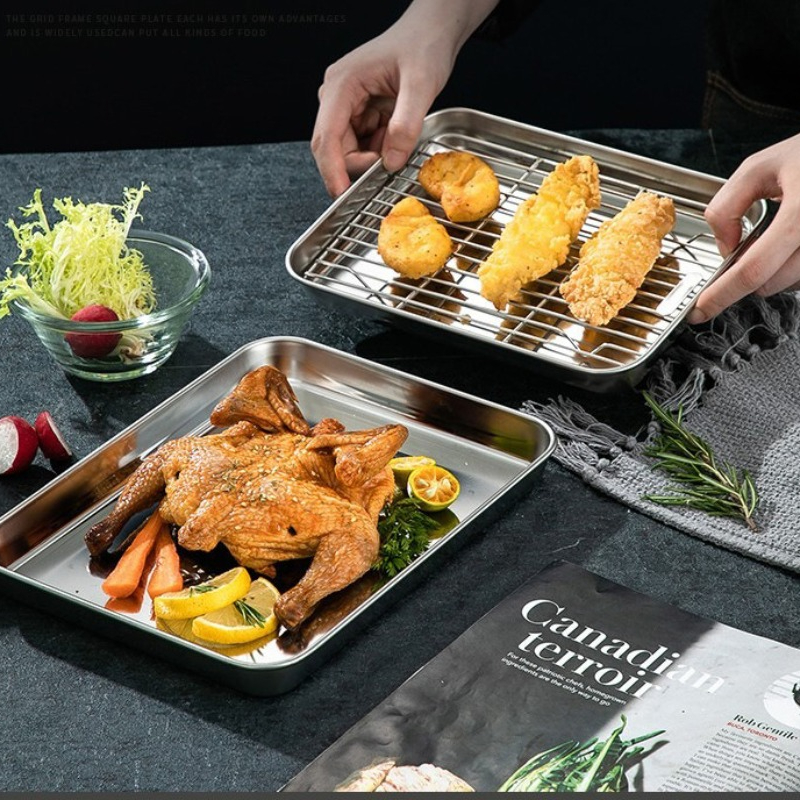 Roestvrijstalen bakplaat Lade met olieafvoer Mesh Grill Afvoer Taart Bakken Vierhoek Mesh Tray Koken Bakken Barbecue Gereedschap