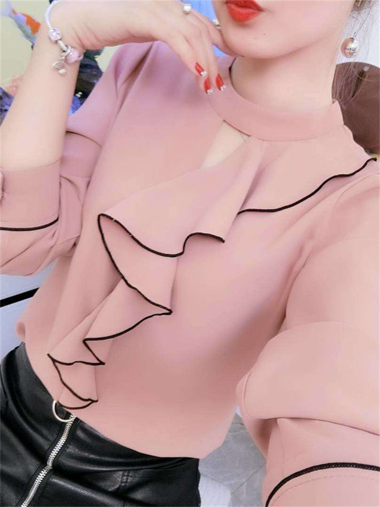Kvinner vår sommer stil chiffong bluser skjorter dame uformelt langermet volanger dekor stativ krage chiffong blusas topper  df3148