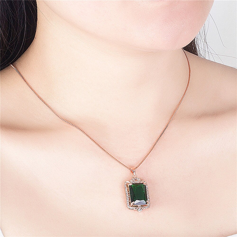 Big vintage emerald gemstones green crystal pendant necklaces for women zircon diamonds rose gold choker jewelry bijoux bague