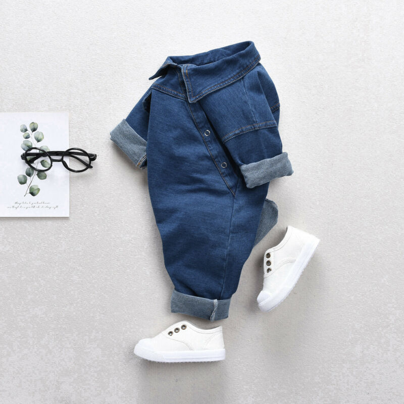 Toddler Kids Baby Girl Boy Denim Rompers Long Sleeve Turn-down Collar Jumpsuit Unisex Baby Autumn Clothes Solid Romper 0-4Y