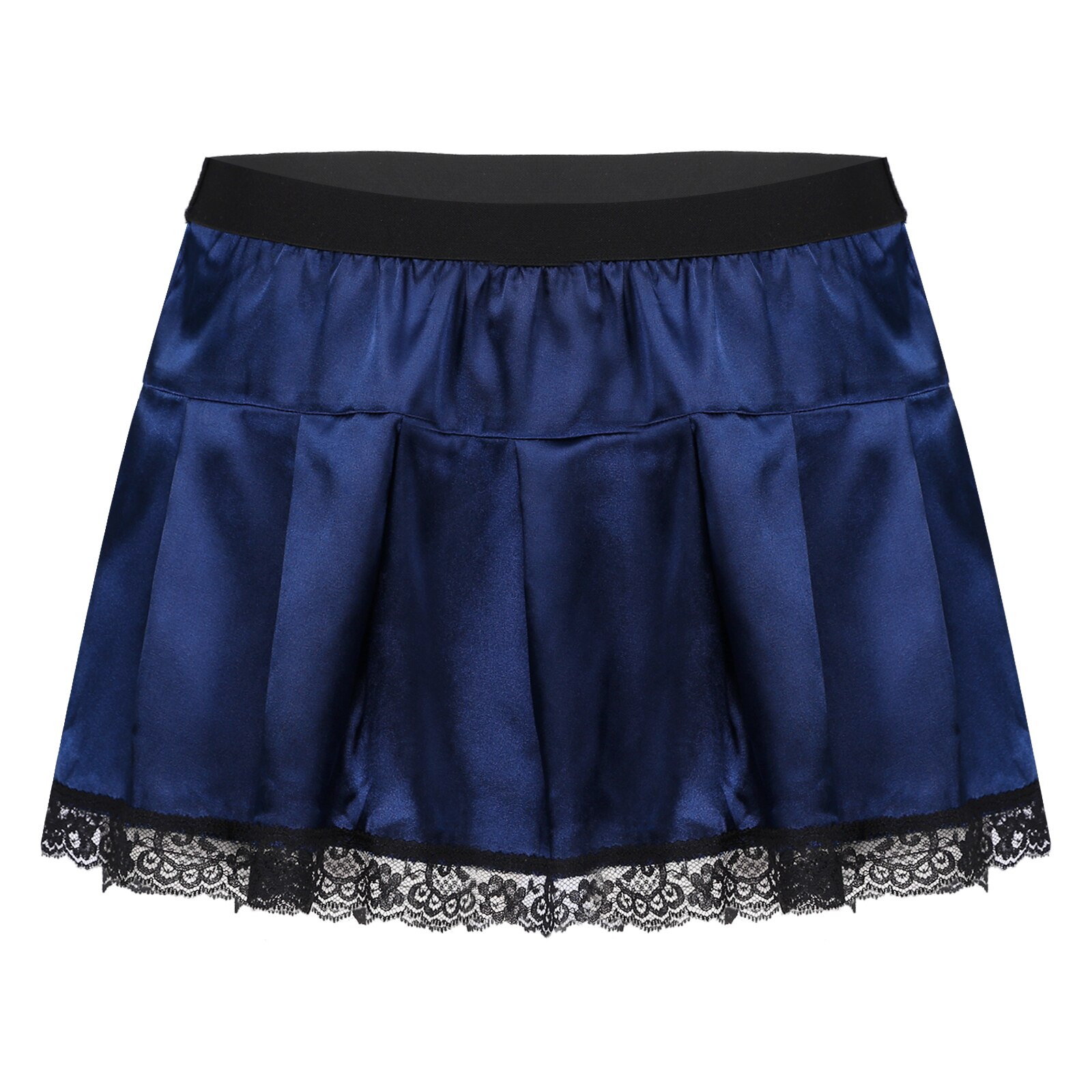 Heren Satijnen Nachtkleding Rokken Lace Trim Geplooide Rok Rollenspel Kostuum Effen Kleur Blauw Micro Rok Sissy Minirok Nachtkleding