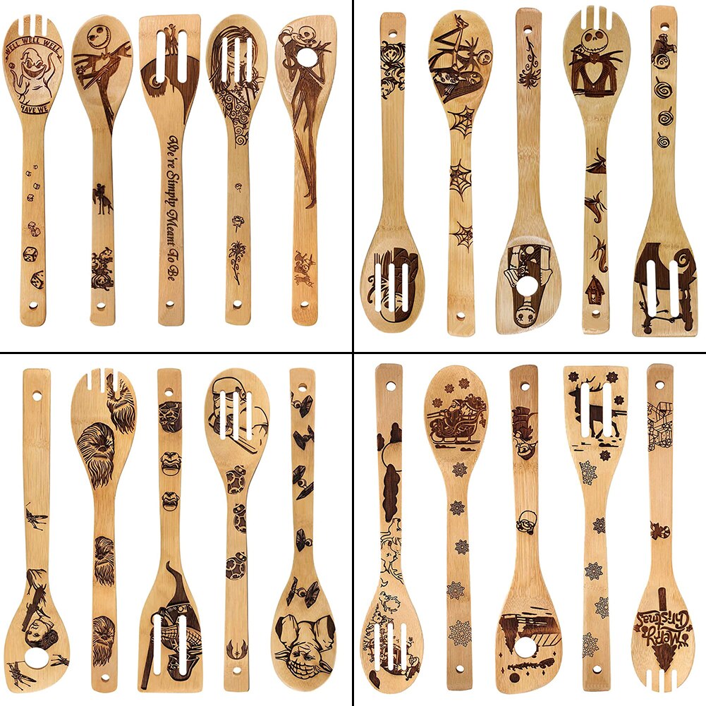 5 uds Halloween madera de bambú palas Wok ranurada espátula cuchara para mezclar de utensilios de cocina la cena cocina palas suministros