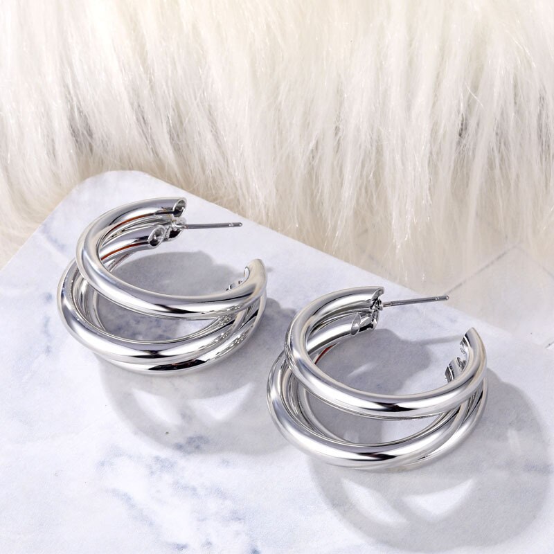 Klassieke Stijl Drie Layes Goud Zilver Kleur Metalen Oorringen Voor Vrouwen Dames Basic Sieraden Kleine Size Hoop Earring