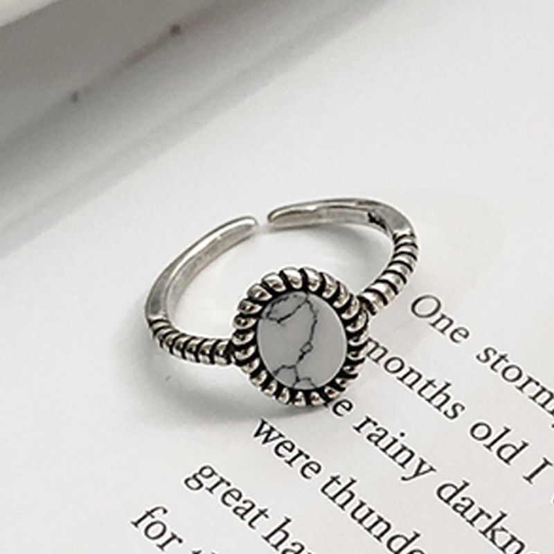 1PC Round Circle Black Open Valentines Ring White Unique Adjustable Exquisite Marbled Stone: C