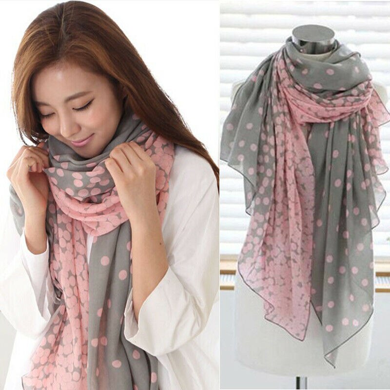 160 x 60cm dame chiffon bløde tørklæder dame lang wraps sjal vinter silke prik printet tørklæde sort/pink