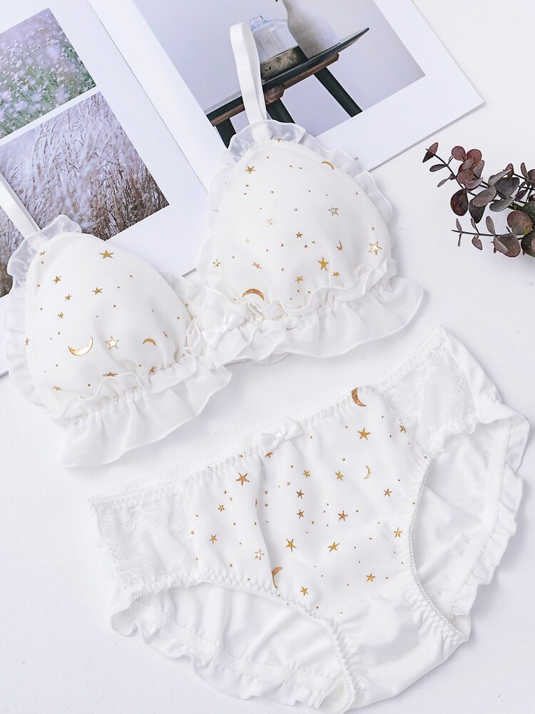 Japanese Womens Sweet Star Print No rims Bra & Briefs Sets Lolita Bowknot Ruffle Underwear Sets Breathable Teen Girls Bra Sets