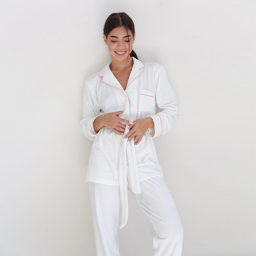 Hiloc – pyjama en velours tricoté pour femmes, ensemble avec pantalon, poches, manches longues, costume, simple boutonnage, vêtements de maison