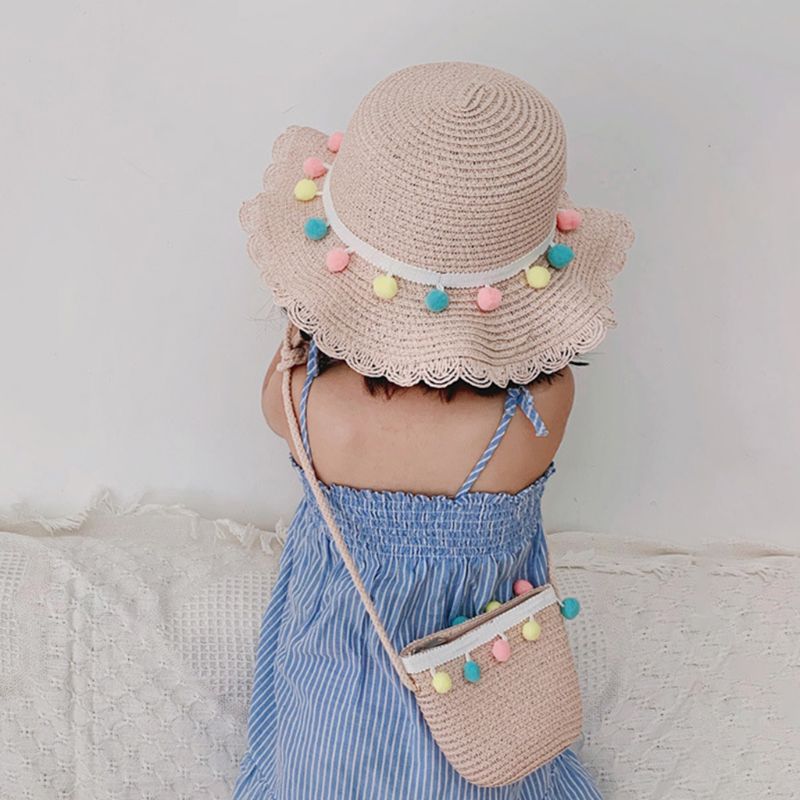 Kids Girls Large Wide Brim Straw Woven Sun Protection Beach Hat Colorful Pompom Ball Summer Floppy Bucket Cap Portable Handbag