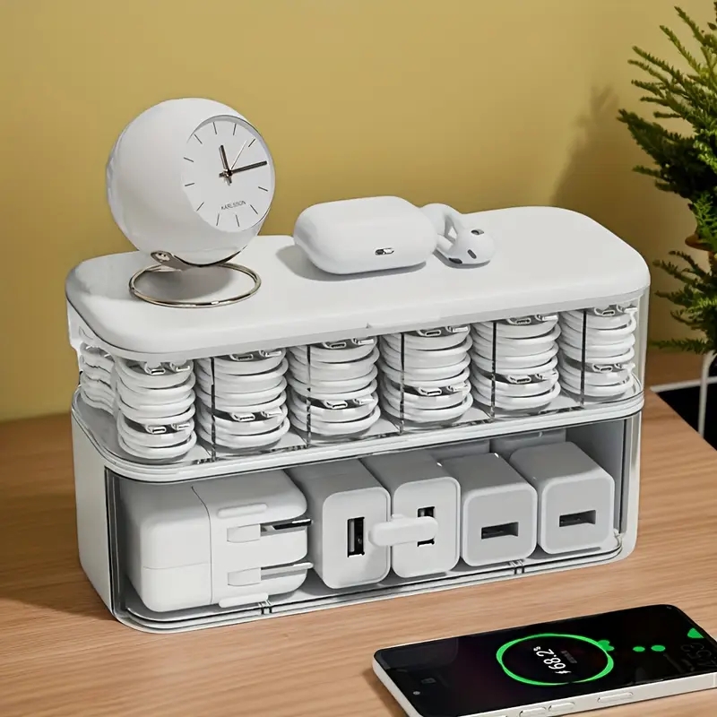 1 large capacity data cable storage box, mobile phone charger sorting box, drawer storage, saving space: WHITE