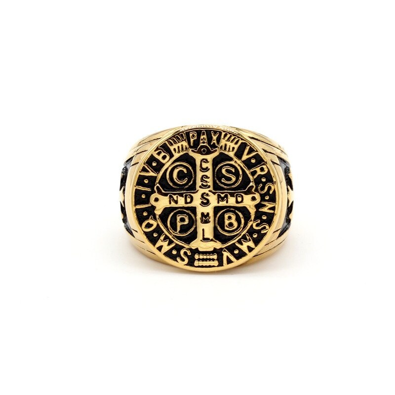 Stainless Steel St. Benedict&#39;s Exorcism Cross Ring CSPB Cross Gold Men&#39;s Stainless Steel Ring