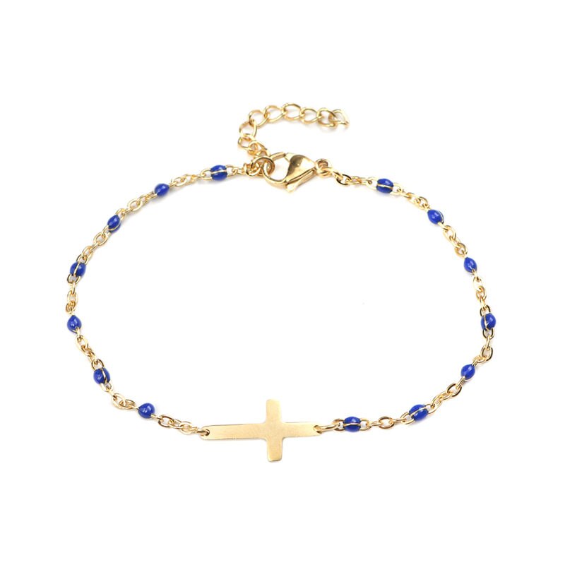 1 PC Stainless Steel Bracelets Link Cable Chain Cross Gold Enamel Charms Bracelet JewelryFor Women Men 18cm Long