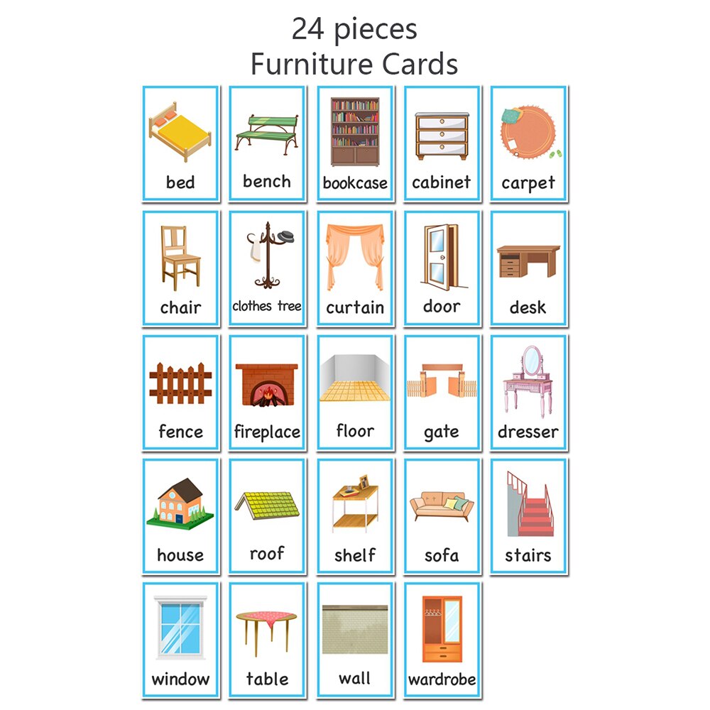 24pcs English Cognitive Flash Card Cartoon Furniture Daily Necessities Learning Word Cards Early Educational Memory Game For Kid