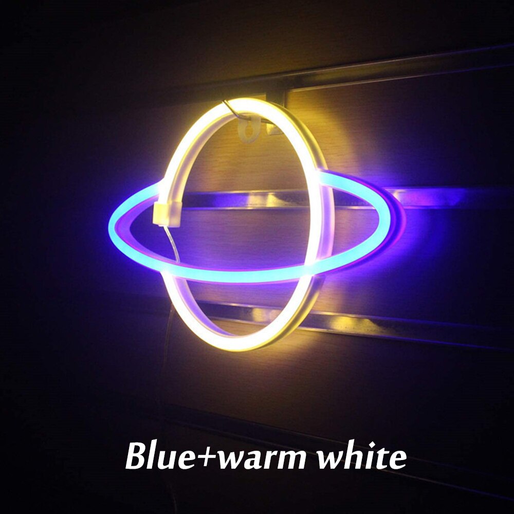 LED Neon Lamp Elliptical Planet Shaped Sign Lamp Battery Powered Party Home Decor Wall Light Party Neight Light: blue warm white