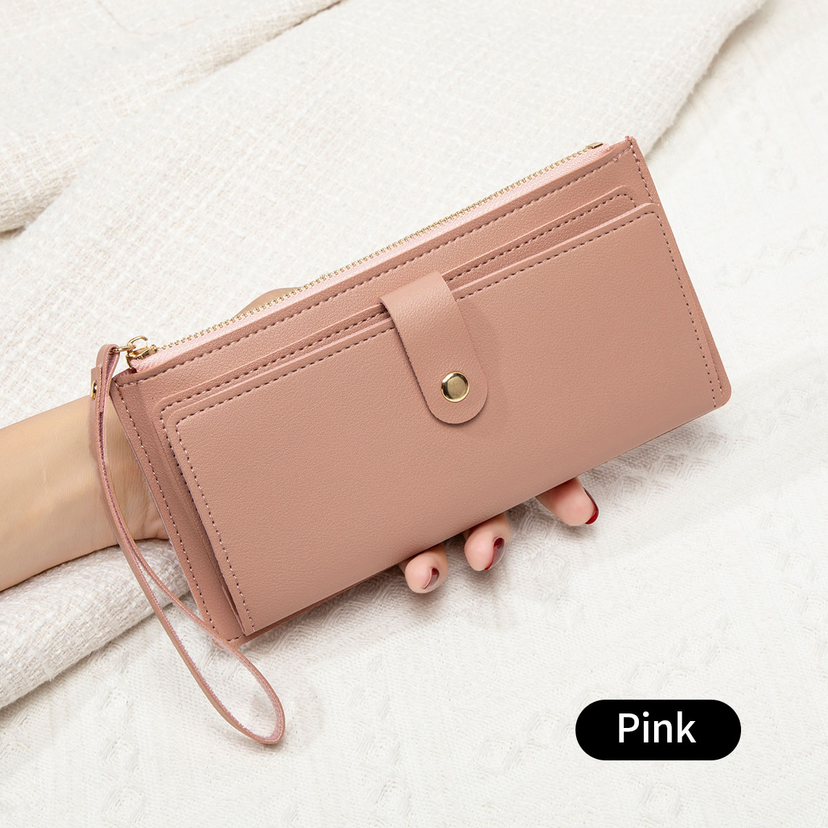 Ultra thin mini PU leather coin purse simple women's long card bag multifunctional handheld credit card holder women's wallet: Pink