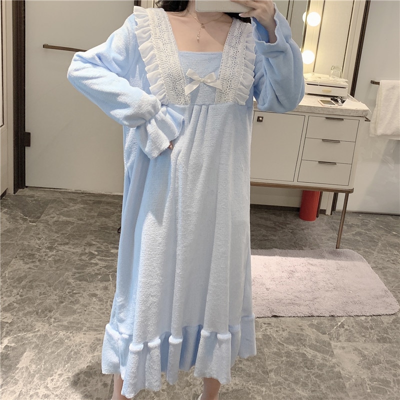 Nachthemden Vrouwen Kant Patchwork Vierkante Kraag Zoete Elegante Prinses Losse Lange Gedrukt Leuke Vintage Chic Simple Flare Mouw