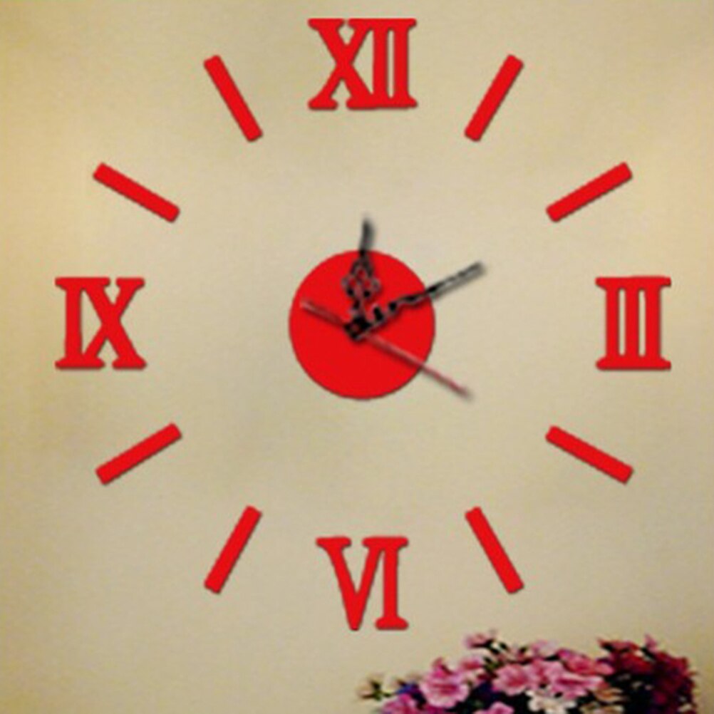 3D DIY Wall Clock Modern Frameless Large Mirror Surface Effect Wall Clock for Home Living Room Bedroom Decoration (Red)