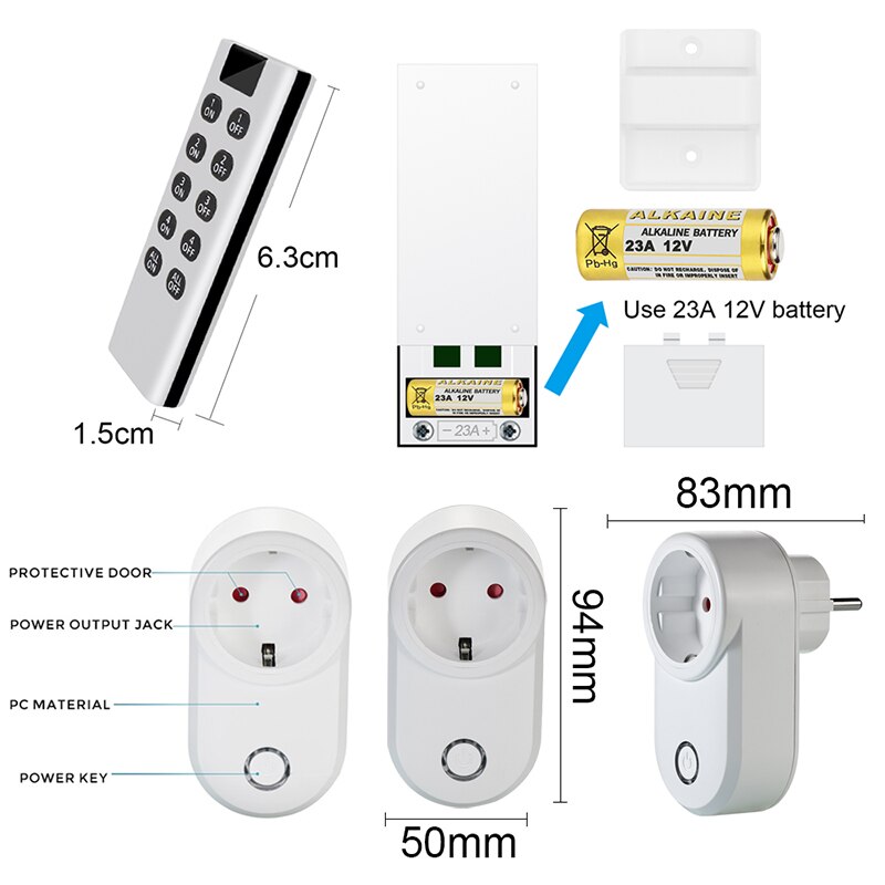 Wireless Remote Control Switch Electric Socket EU FR Universal Plug 433 Mhz 220v Switch 15A Electrical Outlets for Light Led