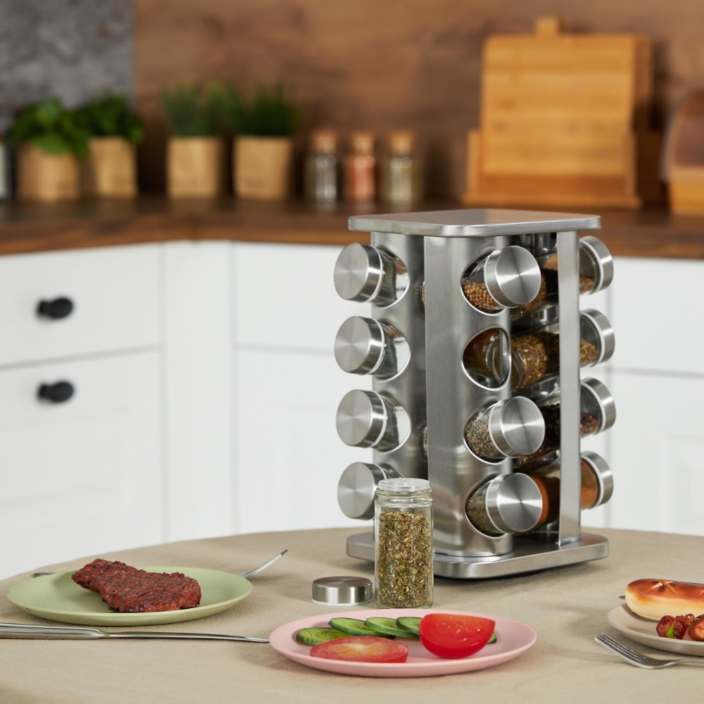 360° Rotating Spice Rack Stainless Steel Seasoning Vertical Spice Sorting Rack Square Condiment Organizer Salt Sugar Containers