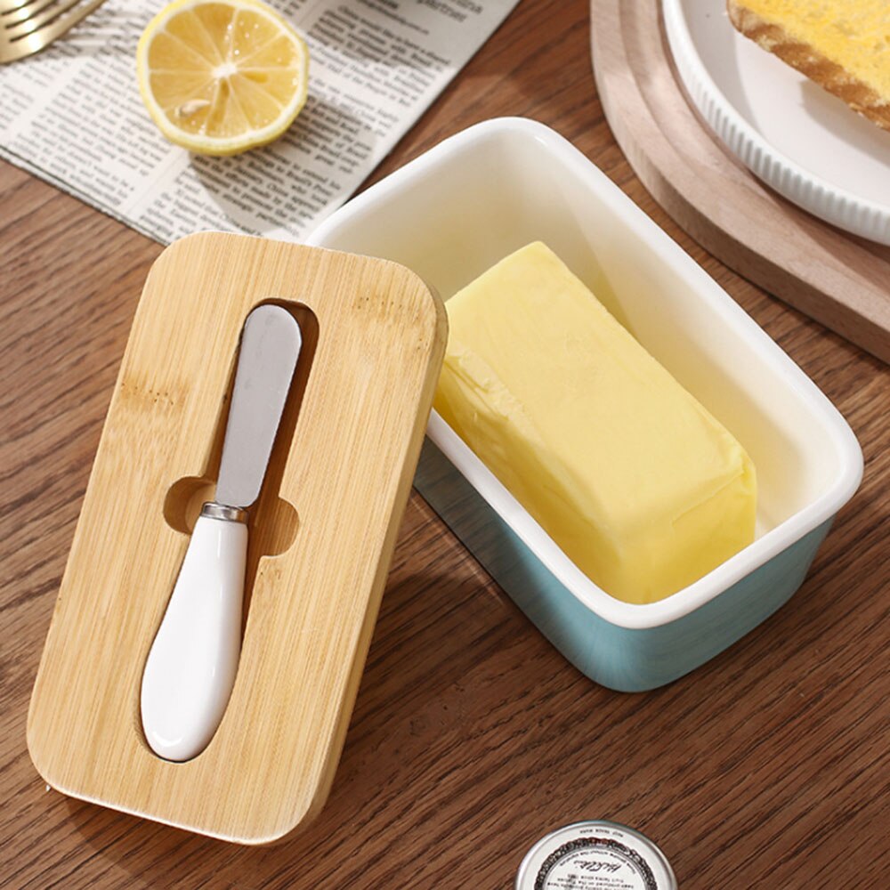 Butter Sealing Box Ceramic Butter Plate with Wood Lid and Knife Cheese Storage Tray Butter Dish Container Box