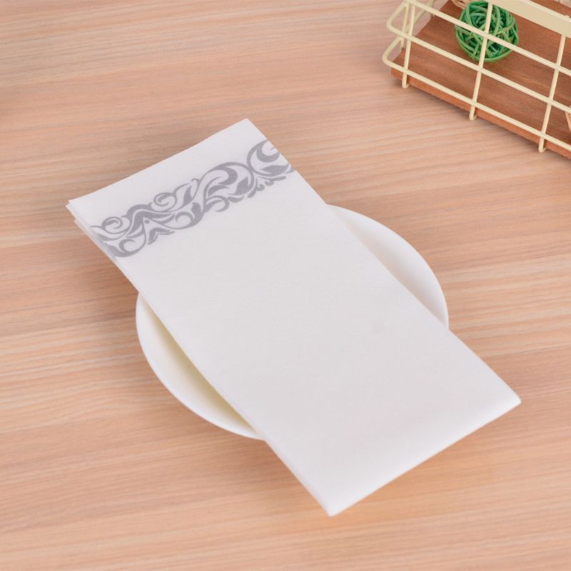 Disposable Linen-Feel Guest Towels - Decorative White Hand Towels, Silver Floral Cloth-Like Paper Napkins