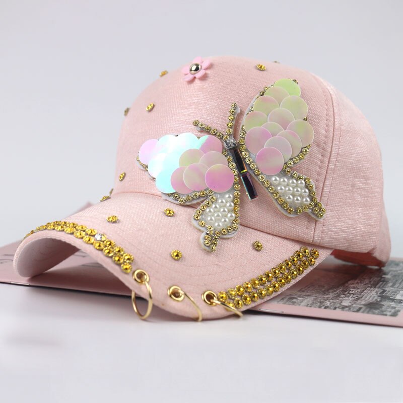 Sommerlue for kvinner sommerfugl-diamantbesatt utendørs baseballcaps, casquatte-hette, metall, tre-ringet solhatt: Rosa