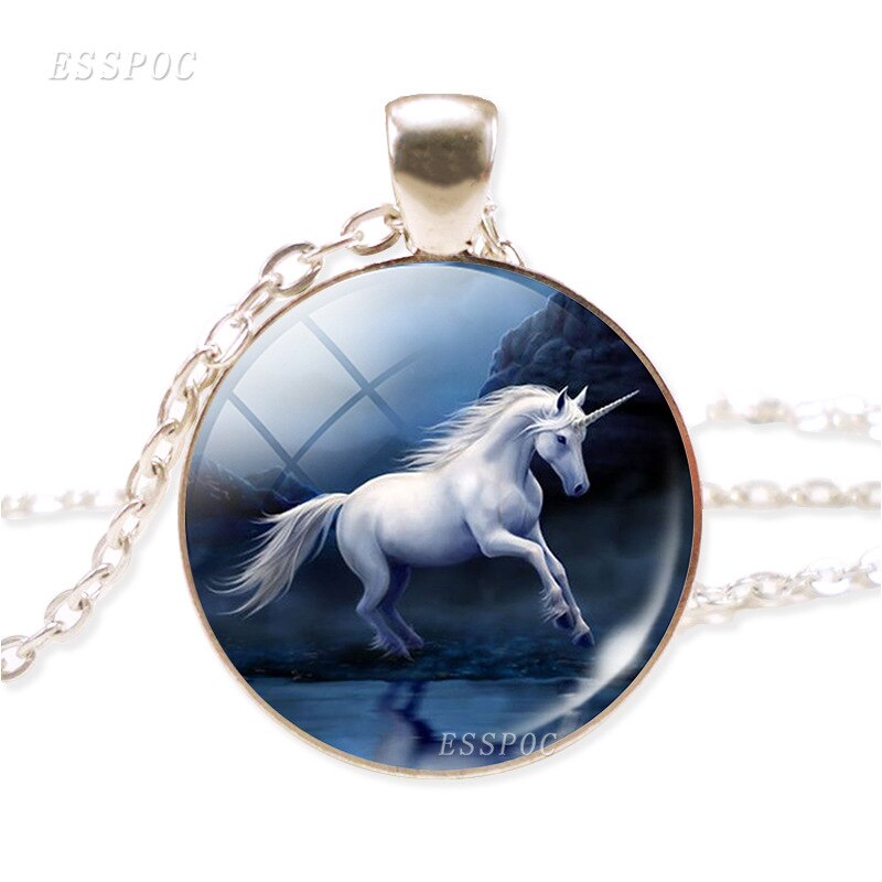 NPKDS di Modo Nuovo Collana In Lega di Zinco di Vetro Del Pendente Rotondo. Unicorn Tempo Gioiello Della Catena Del Maglione Preferito Regalo Di Compleanno: Mirror Lake Unicorn